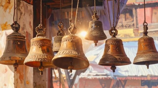 Collection of ornate l bells hanging in a row, creating a musical display.
