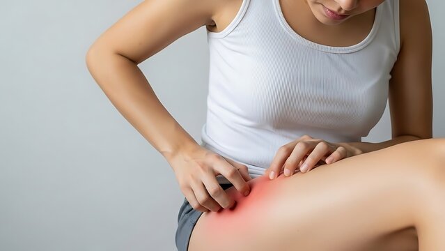 Unrecognizable Woman Suffering from an Itchy Rash or Skin Irritation on Her Inner Thigh, Scratching Reddened Skin, Health Concern