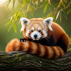 Adorable Red Panda with Bushy Striped Tail Resting Peacefully on a Mossy Tree Branch Against a Soft Green Foliage Background