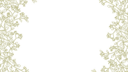 Obraz premium Elegant line art floral frame with delicate branches and tiny flowers forming decorative corners on a pristine white background.