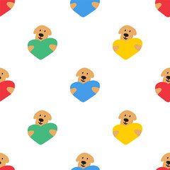 Dog Hugging Multicolored Hearts Seamless Pattern. Cute Flat Vector for Fabric, Bright Nursery Decor and Joyful Gift Wrap