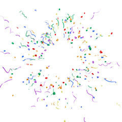 3d realistic render of bursting multi-color streamers and hearts, high contrast glossy spectrum texture arranged in a circular frame isolated for design.