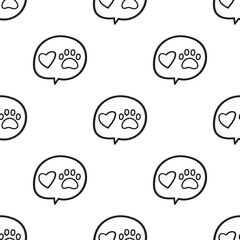 Dog Paw and Heart in Speech Bubble Seamless Pattern. Outline Vector Illustration for Pet Shop Branding, Packaging and Social Media Stickers