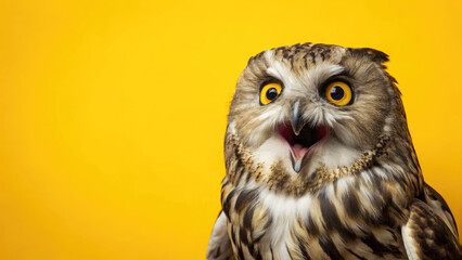 Fototapeta premium Studio portrait of surprised owl on yellow background concept. A surprised owl with yellow eyes against a bright yellow backdrop.