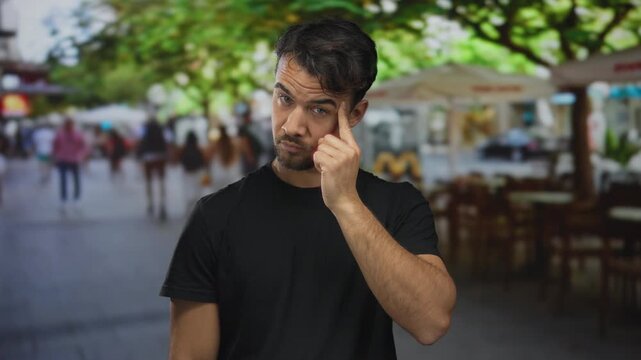 Young man outdoors on terrace at restaurant with trees and people in background, playfully pointing and thinking in casual setting