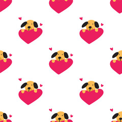 Dog Hugging Heart Seamless Pattern. Cute Flat Vector Illustration for Valentine's Day Gifts, Pet Lover Apparel and Fabric Design on White Background.