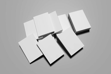Realistic Software Box Packaging Illustration for Mockup. Randomly arranged gray background. 3D rendering.
