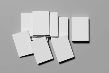 Blank book cover mockup template. Closed book and magazine layout designs, arranged in multiple vectors.