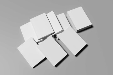 Realistic Software Box Packaging Illustration for Mockup. Randomly arranged gray background. 3D rendering.