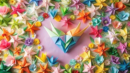 A colorful origami heart surrounded by vibrant flowers and paper cranes