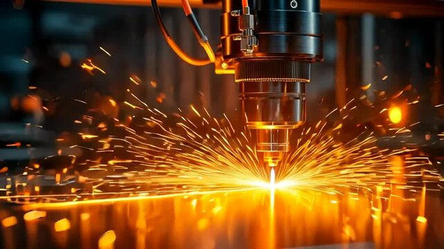 Industrial laser cutting machine in action with bright sparks flying