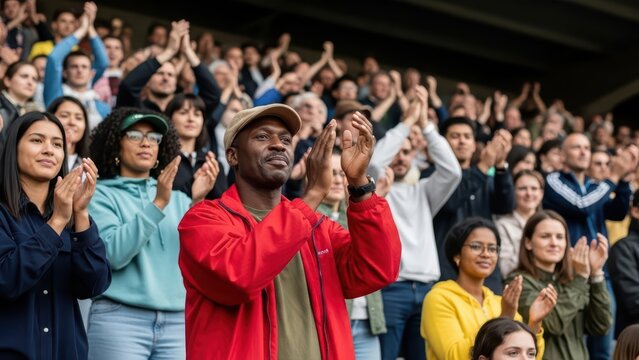A man in red jacket and hat applauding with a diverse crowd in the stands