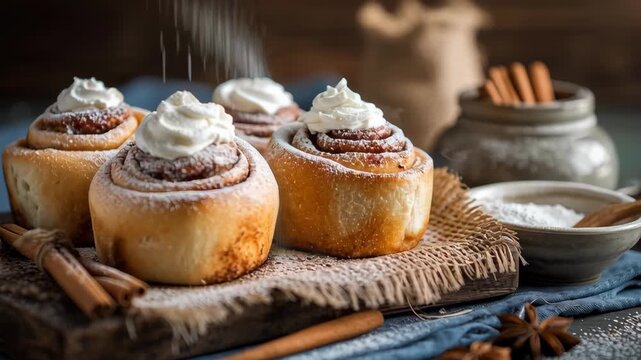 Freshly Baked Cinnamon Rolls with Creamy Icing and Spices on Rustic Wooden Board, Perfect for Breakfast or Coffee Break