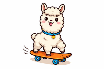 Obraz premium Cute cartoon llama on skateboard with blue collar and bell