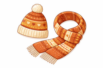Knitted winter hat and scarf with heart and geometric patterns in warm tones