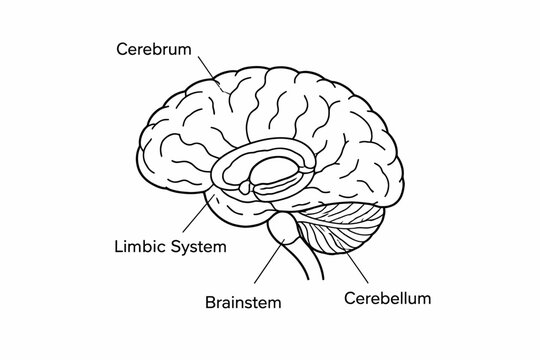 Labeled diagram of human brain anatomy with cerebrum, limbic system, brainstem, and cerebellum