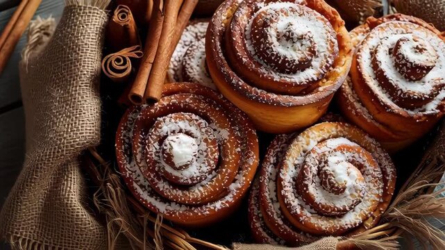 Freshly Baked Cinnamon Rolls with Sugar and Spice Topping in a Rustic Basket for Breakfast or Coffee Break