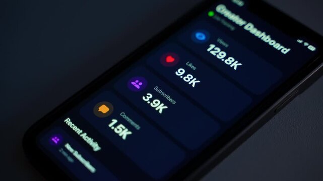 The mobile app shows a creator dashboard with statistics and engagement numbers. Number of views and followers