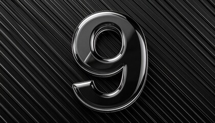 Number 9 in solid glass, black surface, bold highlights, and fine diagonal line pattern.