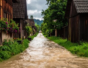 Fototapeta premium Serene Village Street with Flooded Water and Lush Greenery