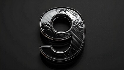 Number 9 in solid glass, black surface, bold highlights, and fine diagonal line pattern.