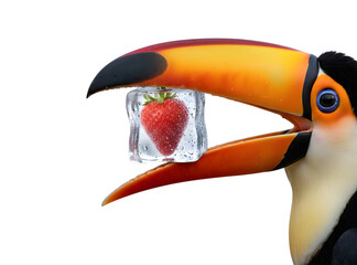 Fototapeta premium A Toco toucan (Ramphastos toco) holding an ice cube with a strawberry inside in its large, colorful beak against a white background.