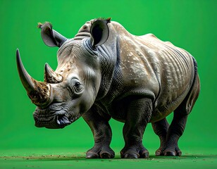 Fototapeta premium Large rhino stands against vibrant green background, side view