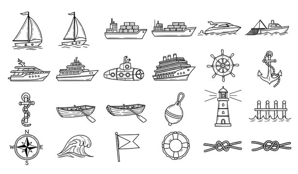 Ships and boats hand drawn icon set nautical doodle outline vector illustration for web and mobile