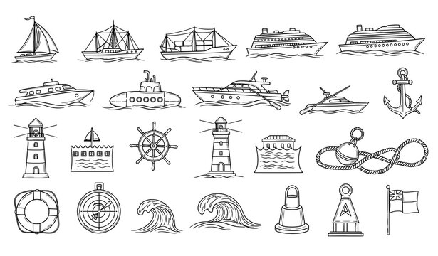 Hand drawn ships and boats icons sketch style black and white nautical vector set