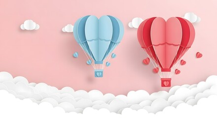 Naklejka premium Two hot air balloons in blue and red over clouds with hearts