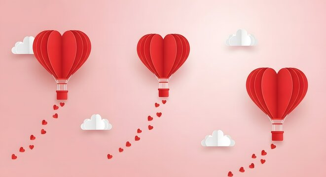Three red heart-shaped hot air balloons with falling hearts in 3 D paper cut style