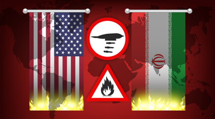 Vector political military banner. Vertical flags of United States of America and Islamic Republic of Iran. Triangle and round sign. Highly flammable and fire. American bomber. Global world map