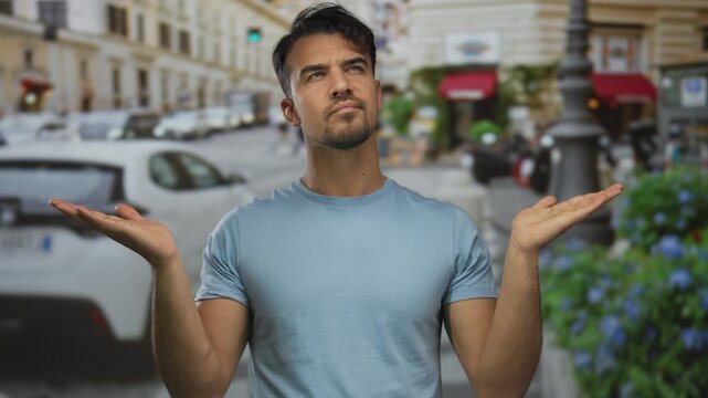 Young hispanic man in casual blue shirt stands on busy city street, gesturing with both hands in expression of confusion or decision-making outdoors in urban environment.