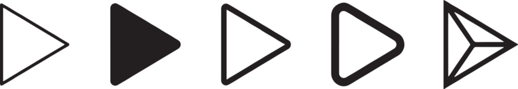 Minimal black and white play button icon set in outline and solid styles, flat vector symbols for media, video, and playback UI