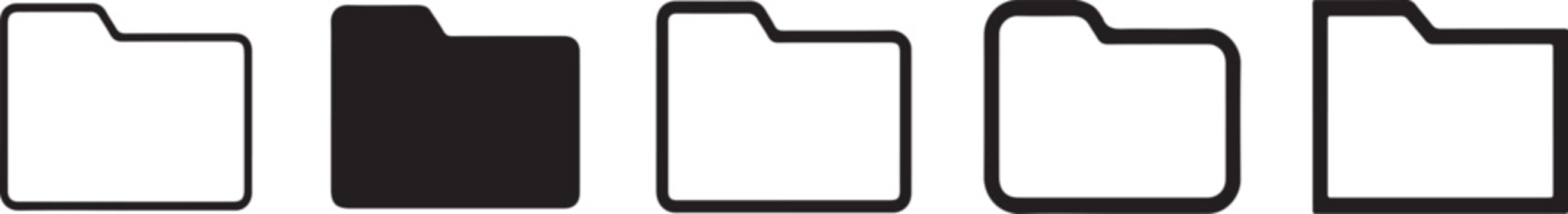 Black and white folder icon set in outline and solid styles, minimalist flat vector symbols for file management and document UI design