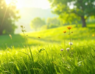 Fototapeta premium Bright Green Meadow with Wildflowers Under Soft Sunlight Glow