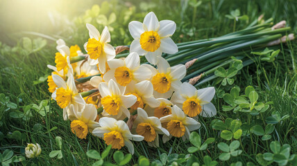 Obraz premium Fresh spring daffodil bouquet lying on green grass in natural sunlight