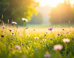Fototapeta premium Calm Meadow with Colorful Wildflowers Under the Golden Sunlight