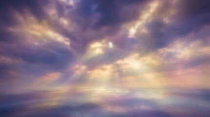 Fototapeta premium Abstract heavenly background with light from heaven concept. Dramatic sunset sky with vibrant colors and soft clouds above ocean.