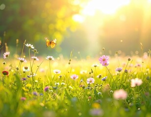 Fototapeta premium Butterfly Amidst Colorful Wildflowers in Soft Morning Light