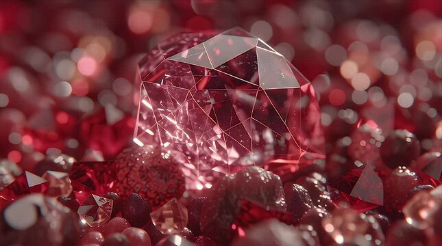 輝く赤いカット宝石と周囲に散らばる小さな結晶のマクロ3Dレンダリング
