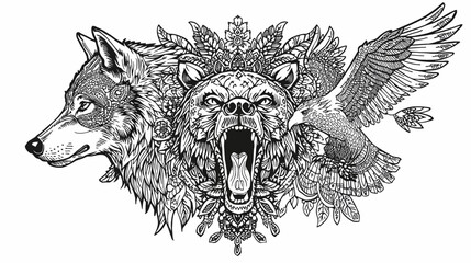 Obraz premium A detailed black and white illustration of a wolf, a roaring bear, and an eagle, adorned with intricate patterns and decorative elements, symbolizing strength and wild nature.