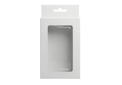 White retail product packaging box with clear window isolated on transparent background