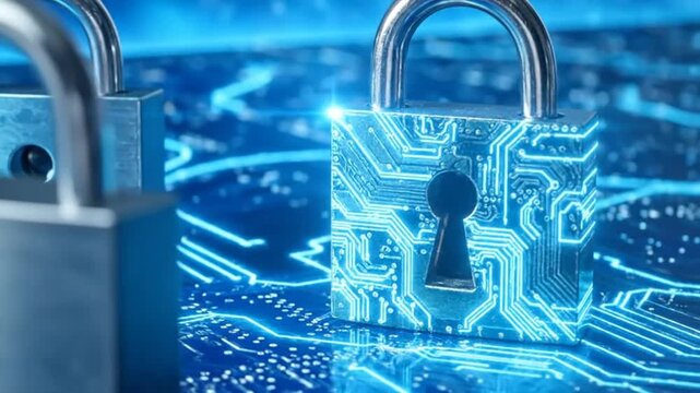 Two l padlocks on a blue circuit board background, symbolizing digital security.