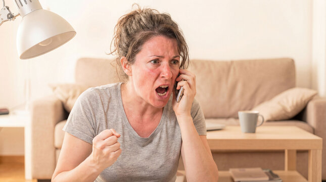 Woman yelling into phone while sitting on couch in living room  