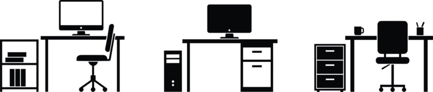 Office desk furniture icon set showing computer workstation storage drawers chair layouts vector illustration minimal solid design