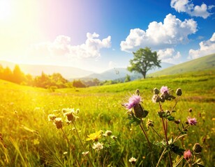 Fototapeta premium Beautiful Meadow Landscape with Wildflowers and Bright Blue Sky