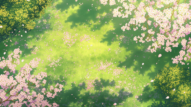 桜が降り注ぐ春の空。柔らかな光が桜の美しさを引き立てる、物語のワンシーンのような幻想風景素材。