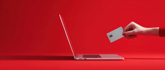 The laptop and credit card suggest online payment and ecommerce on vibrant red backdrop