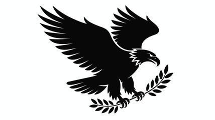 Obraz premium Black silhouette of an eagle with outstretched wings holding a laurel branch on white background symbolizing victory and freedom
